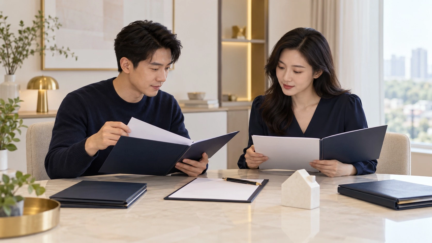 双方共同核对婚前财产资料。AI生成示意,不代表真实个案或材料。