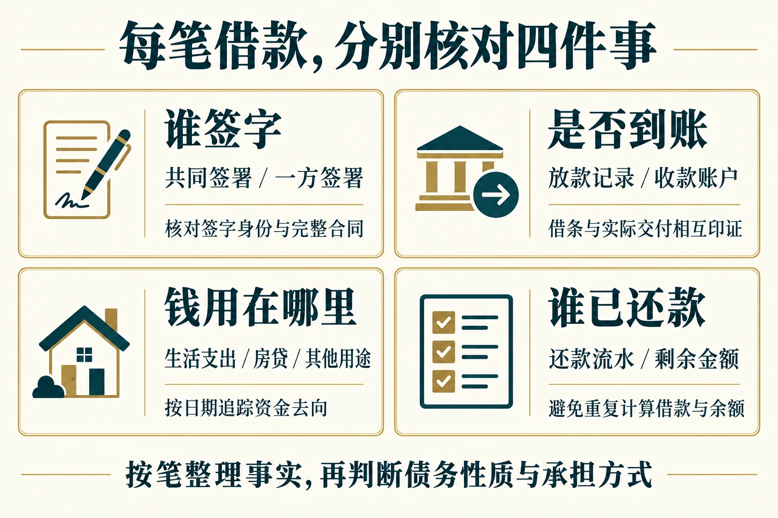 逐笔核对借款签字、是否到账、资金用途与还款记录